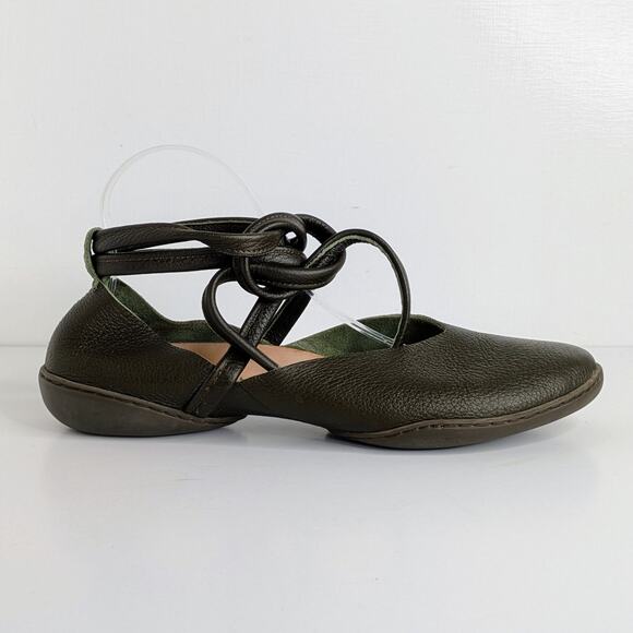 Trippen Ankle Tie Flats 41 Green Leather Artsy Designer Avant Garde Minimalist - Picture 5 of 10